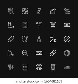 Editable 25 pain icons for web and mobile. Set of pain included icons line Knuckle, Guillotine, Medicine, Antibiotic, Neglect, Pills, Plaster, Pill, Sling on black background