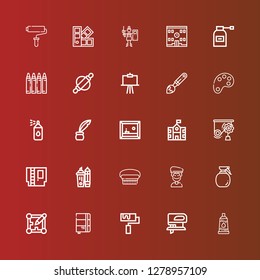 Editable 25 paint icons for web and mobile. Set of paint included icons line Paint tube, Fretsaw, Roller, Sketchbook, Layout, Spray, Artist, Brush, Highlighter, Cartridge on red