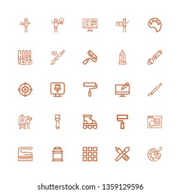 Editable 25 paintbrush icons for web and mobile. Set of paintbrush included icons line Color palette, Brush, Palette, Paint bucket, Design, Paint roller, Roller on white background