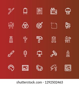 Editable 25 painter icons for web and mobile. Set of painter included icons line Digital picture frame, Trowel, Palette, Painting, Paint palette, Paint tube, Paint roller on red