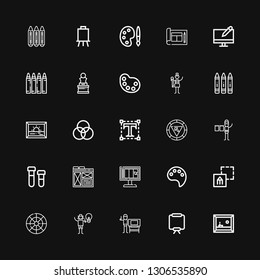 Editable 25 palette icons for web and mobile. Set of palette included icons line Painting, Canvas, Graphic designer, Color wheel, Graphic design, Paint palette on black background