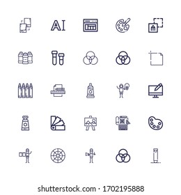 Editable 25 palette icons for web and mobile. Set of palette included icons line Crayon, Rgb, Graphic designer, Color wheel, Palette, Design, Canvas, Swatches on white background