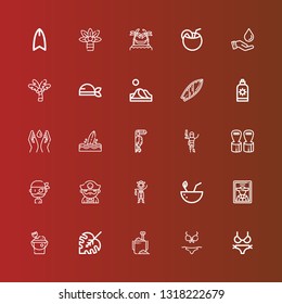 Editable 25 palm icons for web and mobile. Set of palm included icons line Bikini, Sand bucket, Monstera leaf, Pirate, Coconut, Hand grip, Toucan, Surfboard, Save water on red