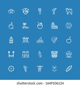 Editable 25 palm icons for web and mobile. Set of palm included icons line Surfboard, Bikini, Pirates, Pirate, Summer, Tiki, Hand grip, Hammock, Coconut, Hammocks on blue background