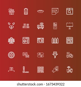 Editable 25 panel icons for web and mobile. Set of panel included icons line Hot dog, Insert coin, Fence, Solar panel, Data share, Projector, Filter, Sliders, Smart house on red