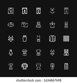 Editable 25 pants icons for web and mobile. Set of pants included icons line Trousers, Bathrobe, Boxer, Tunic, Fashion, Shorts, Bikini, Clothes, Cloth, Cardigan on black background