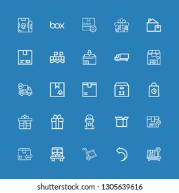 Editable 25 parcel icons for web and mobile. Set of parcel included icons line Box, Return, Delivery, Van, Cardboard, Package, Delivery man, Gift, Delivery truck on blue background