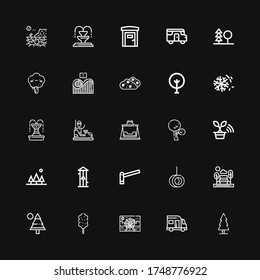 Editable 25 park icons for web and mobile. Set of park included icons line Tree, Caravan, Ferris wheel, Cotton candy, Pine, Bench, Swing, Parking, Free fall on black background