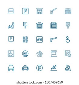 Editable 25 parking icons for web and mobile. Set of parking included icons line Wheelchair, Landing, Parking, Taxi, Trunk, Railway, Handicap, sign on white background