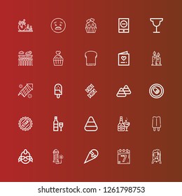 Editable 25 party icons for web and mobile. Set of party included icons line Singer, Events, Ice cream, Fireworks, Punk, Popsicle, Champagne, Candy corn, Wine, Bottle cap on red