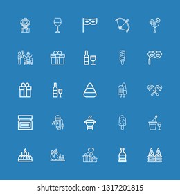 Editable 25 party icons for web and mobile. Set of party included icons line Ice cream, Rum, Gifts, Candle, Champagne, Popsicle, Grill, Singing, Cream, Maracas on blue background
