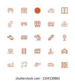 Editable 25 passenger icons for web and mobile. Set of passenger included icons line Departures, Cruise, Helicopter, Airplane, Bus stop, Taxi, Ship, Train on white background