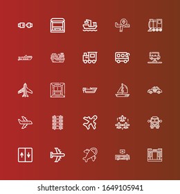 Editable 25 passenger icons for web and mobile. Set of passenger included icons line Train, Bus, Airplane, Elevator, School bus, Aircraft, Aviation, Railway, Taxi, Boat on red