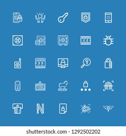 Editable 25 password icons for web and mobile. Set of password included icons line Bug, Locked, Key ring, Atm, Fingerprint, Password, Trojan, Closed, Keyhole on blue background