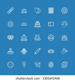 Editable 25 pastry icons for web and mobile. Set of pastry included icons line Bread, Cake, Measuring spoons, Sweet, Cookie, Sweets, Rolling pin, Macaron, Donut on blue background