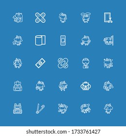Editable 25 patch icons for web and mobile. Set of patch included icons line Unicorn, Safety pin, Backpack, Military, Bandage, Plaster, Bandages, Patch on blue background