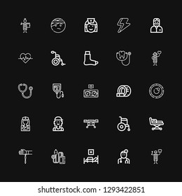 Editable 25 patient icons for web and mobile. Set of patient included icons line Dentist, Doctor, Medical bed, Pressure, Handkerchief, Stretcher, Wheelchair on black background