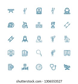 Editable 25 patient icons for web and mobile. Set of patient included icons line Stretcher, Stethoscope, Lens, Medical bed, Medical appointment, Orthopedic on white background