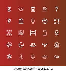 Editable 25 pattern icons for web and mobile. Set of pattern included icons line Flower, Nest, Popsicle, Acoustic guitar, Snowflake, Ceramic, Garland, Wood, Network, Letter on red
