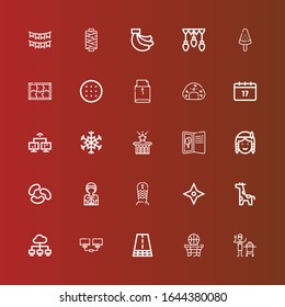 Editable 25 pattern icons for web and mobile. Set of pattern included icons line Ceramic, Basketball, Road, Network, Giraffe, Star, Surfboard, Hippie, Jelly beans, Native american on red