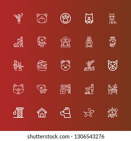 Editable 25 paw icons for web and mobile. Set of paw included icons line Dog, Dog house, Scratching, Veterinarian, Cat, Polar bear, Hamster, Veterinary, Animal on red