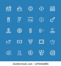 Editable 25 pay icons for web and mobile. Set of pay included icons line Money, Atm, Cashier, Coin, Wallet, Trade, Gift card, Sign, Cash, Dollar, Bitcoin, Keyword on blue background