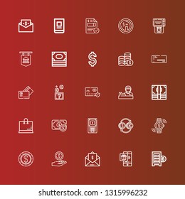 Editable 25 payment icons for web and mobile. Set of payment included icons line Digital currency, Online shop, Invoice, Money, Dollar, Investment, Currency, Atm, Shopping on red