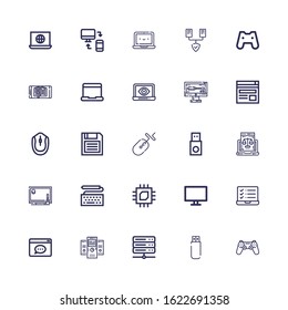 Editable 25 pc icons for web and mobile. Set of pc included icons line Gamepad, Usb, Server, Servers, Browser, Laptop, Computer, Cpu, Keyboard, Drawing tablet on white background