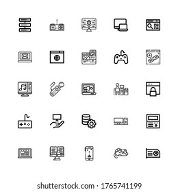 Editable 25 pc icons for web and mobile. Set of pc included icons line Cpu, Mouse, Game, Monitor, Laptop, Old computer, Computer, Server, Gamepad, Browser on white background