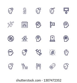 Editable 25 peace icons for web and mobile. Set of peace included icons line Mind, Door hanger, Hope, Human rights, Om, Dove, Tombstone, Fraternity, No weapons on white background