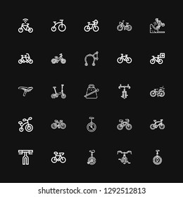 Editable 25 pedal icons for web and mobile. Set of pedal included icons line Unicycle, Bicycle, Bike, Handlebar, Monocycle, Cowbell, Saddle, Brake, Tandem on black background