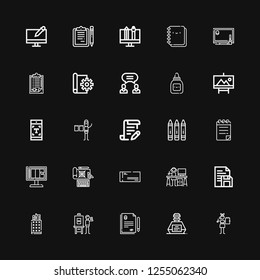 Editable 25 pen icons for web and mobile. Set of pen included icons line Notebook, Inkwell, Contract, Artist, Pencil case, Document, Graphic designer, Cheque on black background