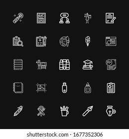 Editable 25 iconos de plumas para web y móvil. Juego de plumas incluidas línea Pluma, estuche de lápiz, Estacionario, d imprimir Portapapeles, Pegamento, Pendrive, Edición, Bloc de notas sobre fondo negro