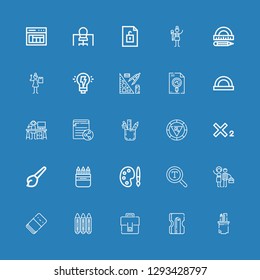 Editable 25 pencil icons for web and mobile. Set of pencil included icons line Pencil case, Sharpener, Portfolio, Crayons, Eraser, Graphic designer, Font, Palette on blue background