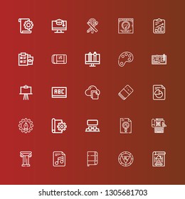 Editable 25 pencil icons for web and mobile. Set of pencil included icons line Blueprint, Color palette, Notebook, File, Architecture, Design, Projection, Sketch, Graphic design on red