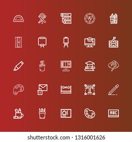 Editable 25 pencil icons for web and mobile. Set of pencil included icons line Blackboard, Palette, Blueprint, Pencil, case, Edit, Typography, Ruler, Erase, Color palette on red