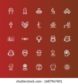 Editable 25 people icons for web and mobile. Set of people included icons line Share, Donor, Transhumanism, Placeholder, Boy, Mind, Manager, Hands, Policeman, Avatar, Pilot on red