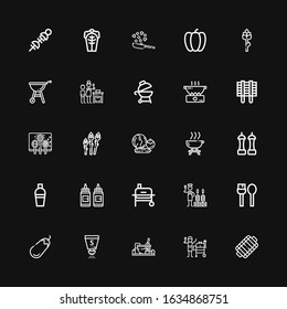 Editable 25 pepper icons for web and mobile. Set of pepper included icons line Grill, Cooking, Salt, Eggplant, Utensils, Churrasco, Condiment, Shaker, Barbecue on black background