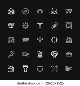 Editable 25 percussion icons for web and mobile. Set of percussion included icons line Xylophone, Clave, Tambourine, Kettledrum, Drum, Drums, Maraca, Cymbal on black background