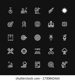 Editable 25 perfect icons for web and mobile. Set of perfect included icons line Goal, Target, Freezer, Waiting room, Cherry, Darts, Leaf insect, Dartboard on black background