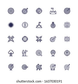 Editable 25 perfection icons for web and mobile. Set of perfection included icons line Target, Goal, Darts, Goals, Dartboard on white background