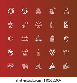 Editable 25 person icons for web and mobile. Set of person included icons line Superhero, Conference, Slavery, Scientist, Proposal, Best friend, Network, Spirits, Mindfulness on red