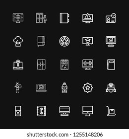 Editable 25 personal icons for web and mobile. Set of personal included icons line Delivery cart, Computer, Contact book, Recorder, Badge, Actress, Notebook on black background