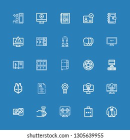 Editable 25 personal icons for web and mobile. Set of personal included icons line Vest, Hip flask, Computer, WASHING HANDS, Computing, Badge, Curriculum vitae on blue background
