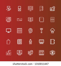 Editable 25 personal icons for web and mobile. Set of personal included icons line Computer, Locker, Badge, Notebook, Actress, Hip flask, Razor, Head, Lockers, Cheque, ID on red