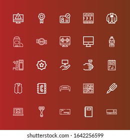 Editable 25 personal icons for web and mobile. Set of personal included icons line Computer, Notebook, Cheque, Razor, Hair straightener, Safety mask, Contact book, Vest on red