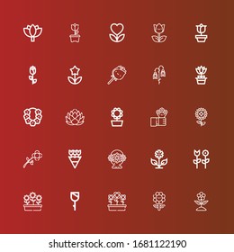 Editable 25 petal icons for web and mobile. Set of petal included icons line Flower, Flowers, Rose, Flower basket, Sunflower, Lotus, Tulip on red