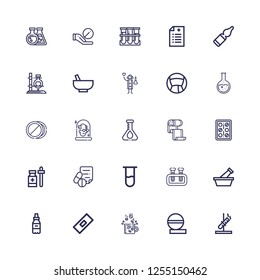Editable 25 pharmaceutical icons for web and mobile. Set of pharmaceutical included icons line Test tube, Pills, Drugs, Bandage, Medicine, Mortar, Medical prescription on white background