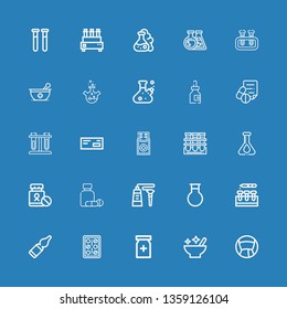Editable 25 pharmaceutical icons for web and mobile. Set of pharmaceutical included icons line Medicine, Mortar, Painkiller, Pills, Vials, Test tube, Flask on blue background