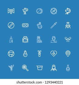 Editable 25 pharmacy icons for web and mobile. Set of pharmacy included icons line Syrup, Nurse, Virus search, Veterinarian, Hospital, Test tube, Potion, Medicine on blue background